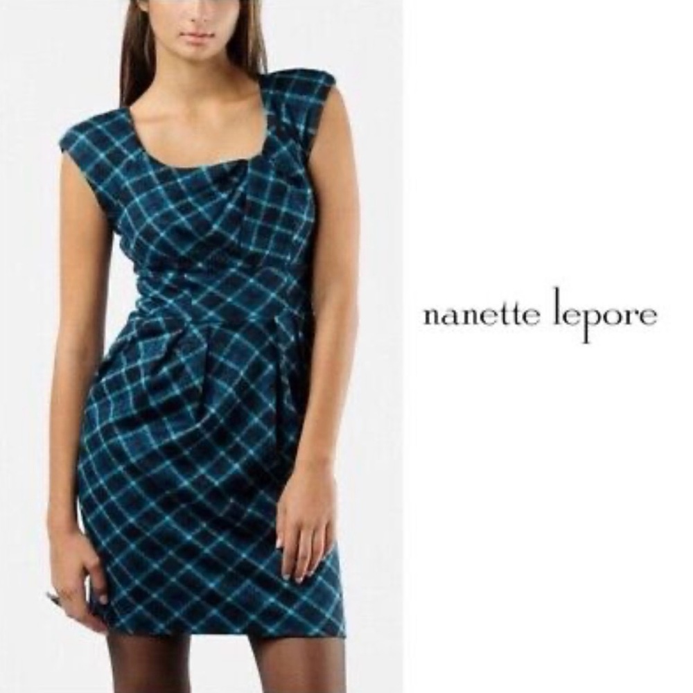 Nanette Lepore Teal Blue Black Plaid printed wool gathered sheath Dress Size 2